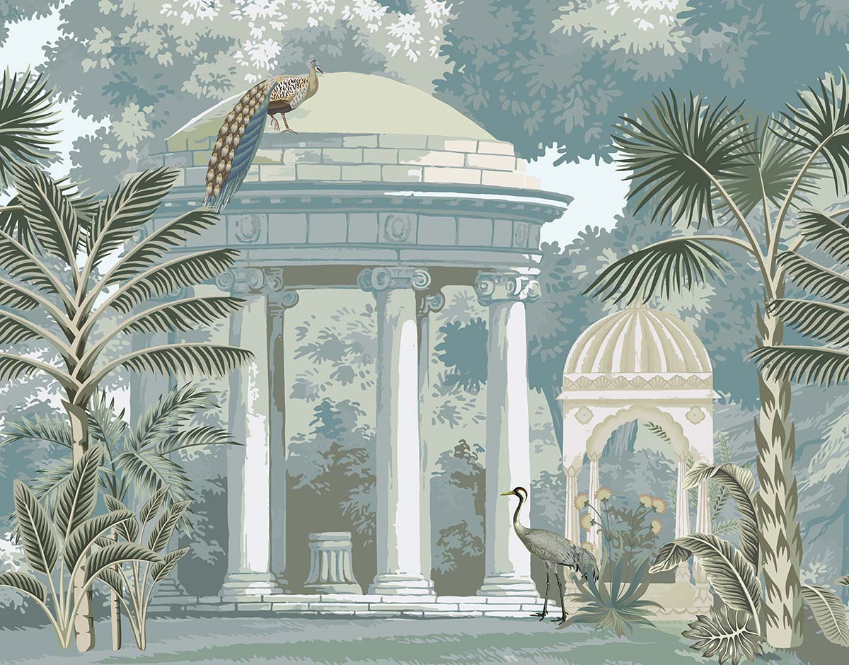A mural of a gazebo with a peacock on it