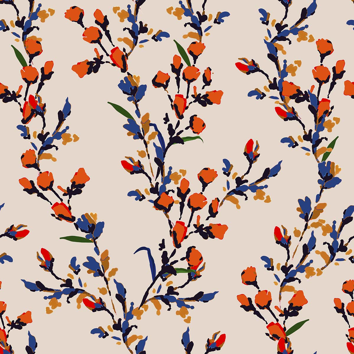 A pattern of orange flowers and blue leaves