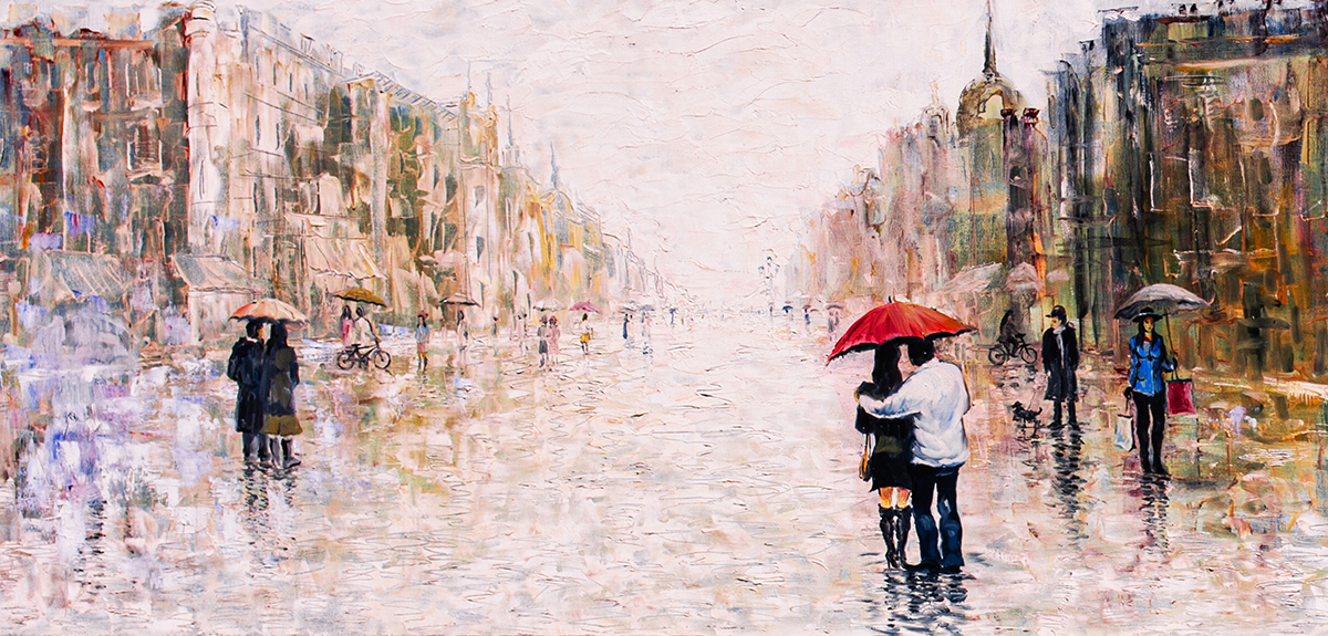 A painting of a couple holding umbrellas in a city