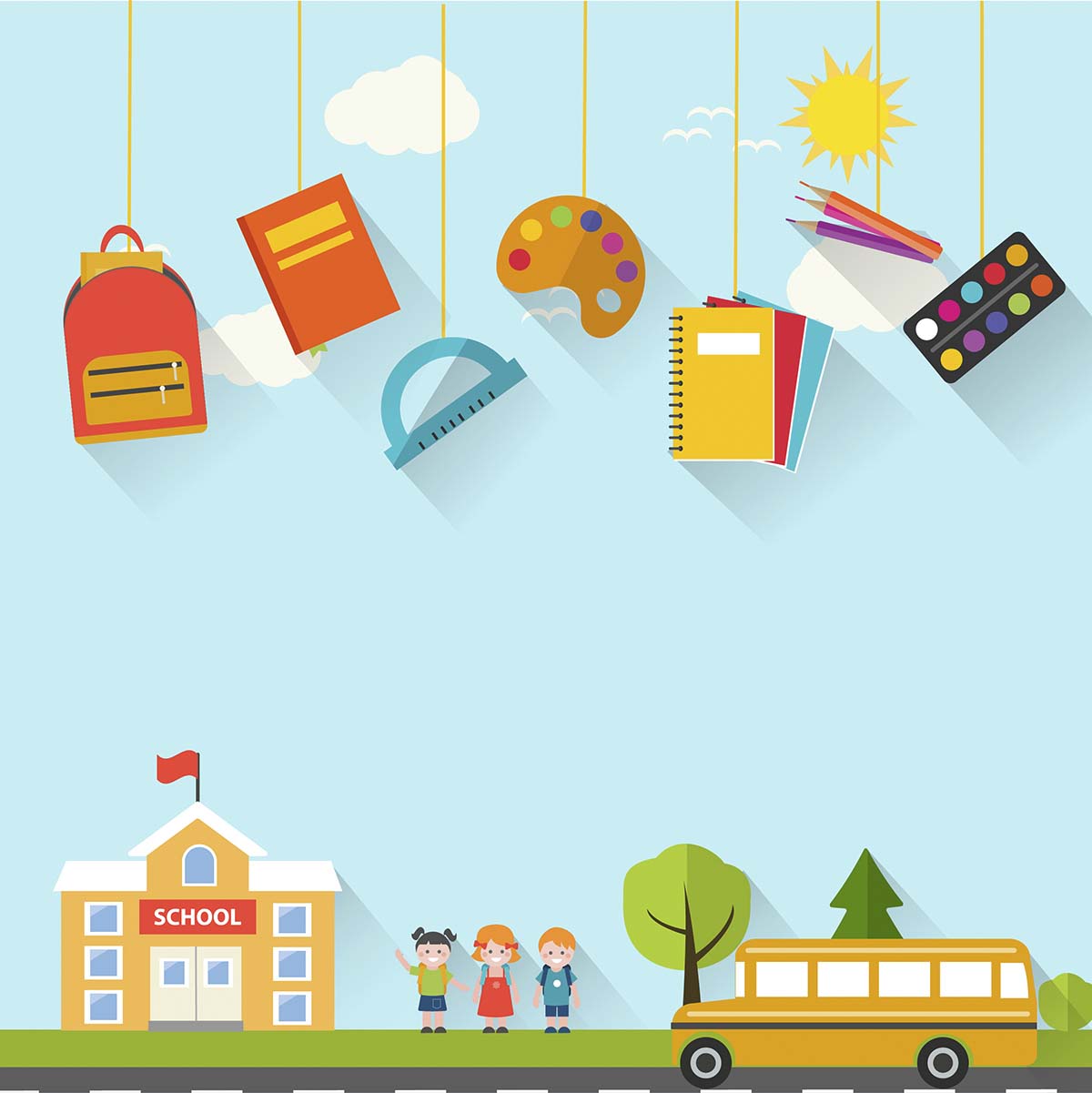 School bus and school supplies from strings