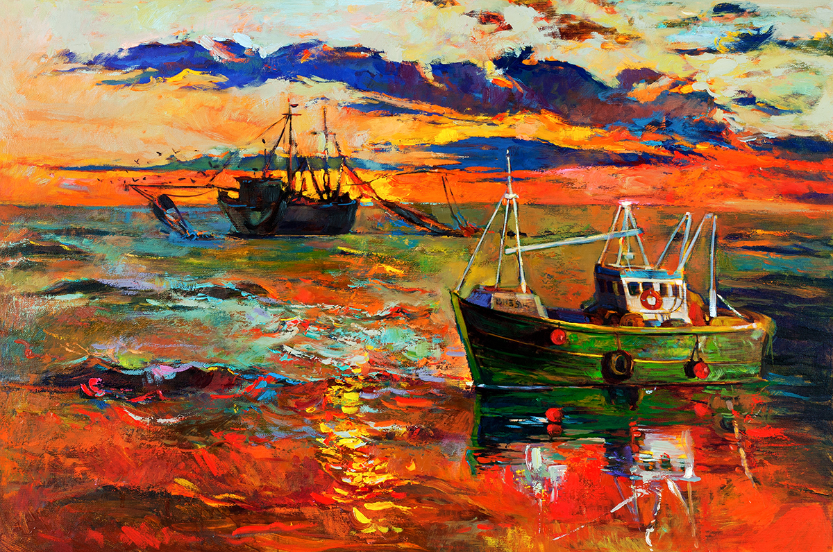 A painting of boats in water