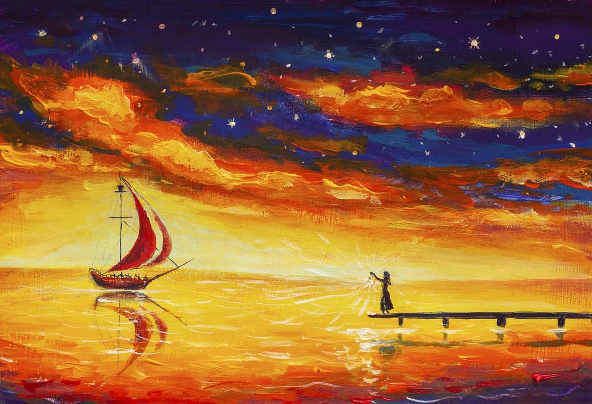 A painting of a sailboat and a sunset