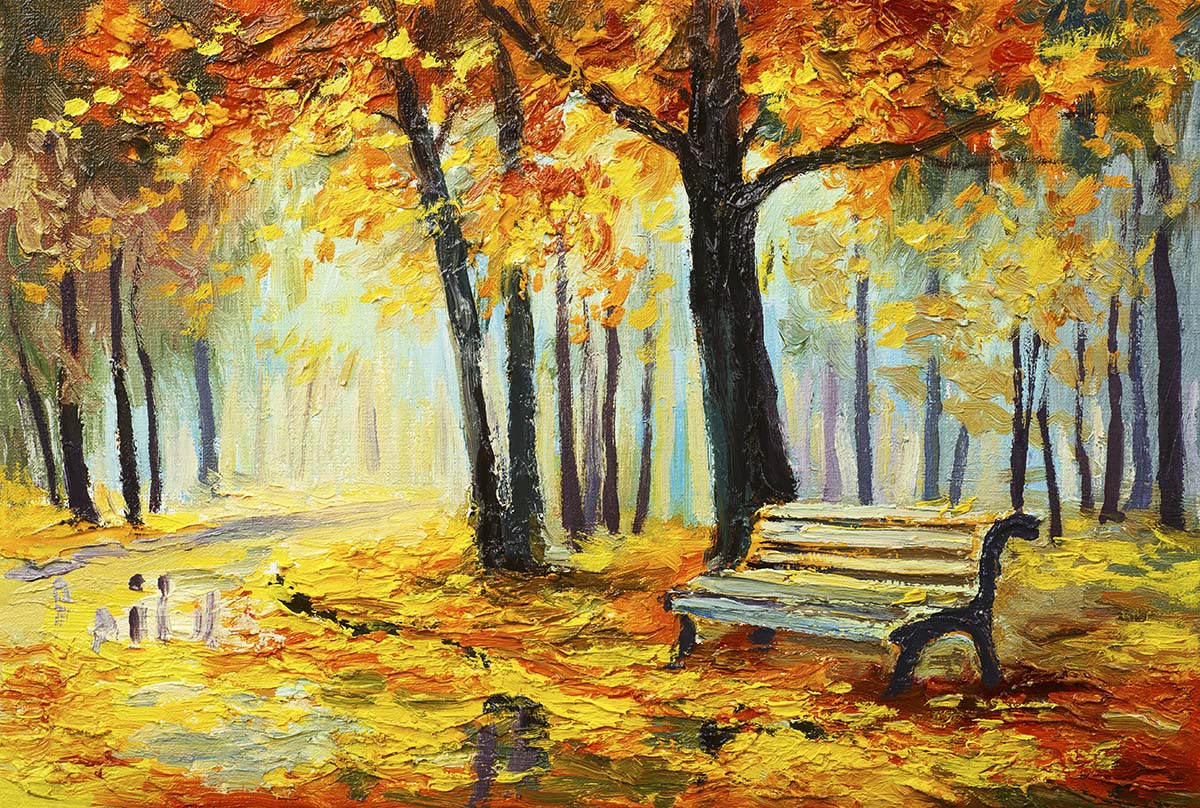 A painting of a bench in a park with trees and leaves