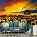 A painting of sunflowers in a field