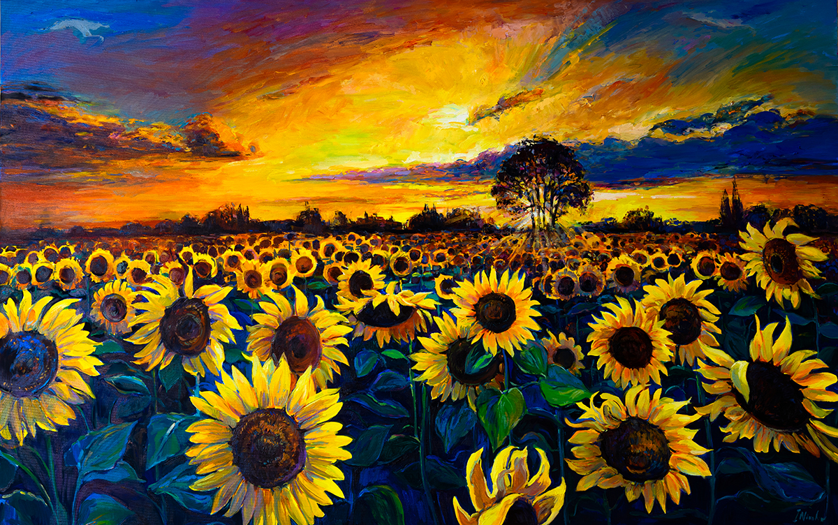 A painting of sunflowers in a field