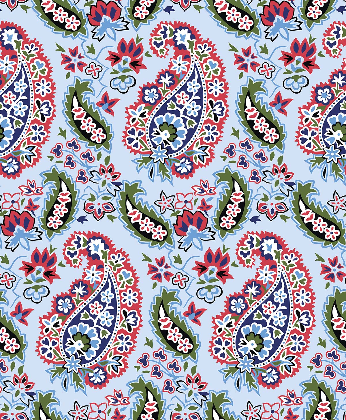 A colorful paisley pattern on a blue background
