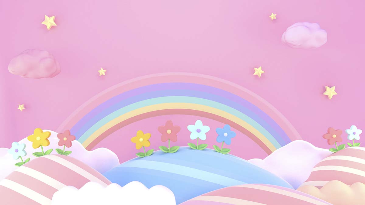 A cartoon of flowers on a hill with a rainbow and clouds