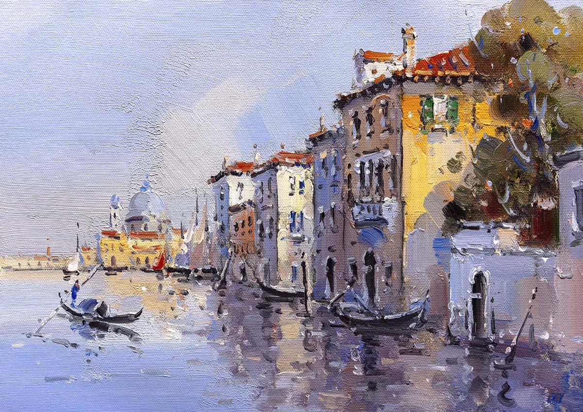 A painting of a canal with buildings and boats