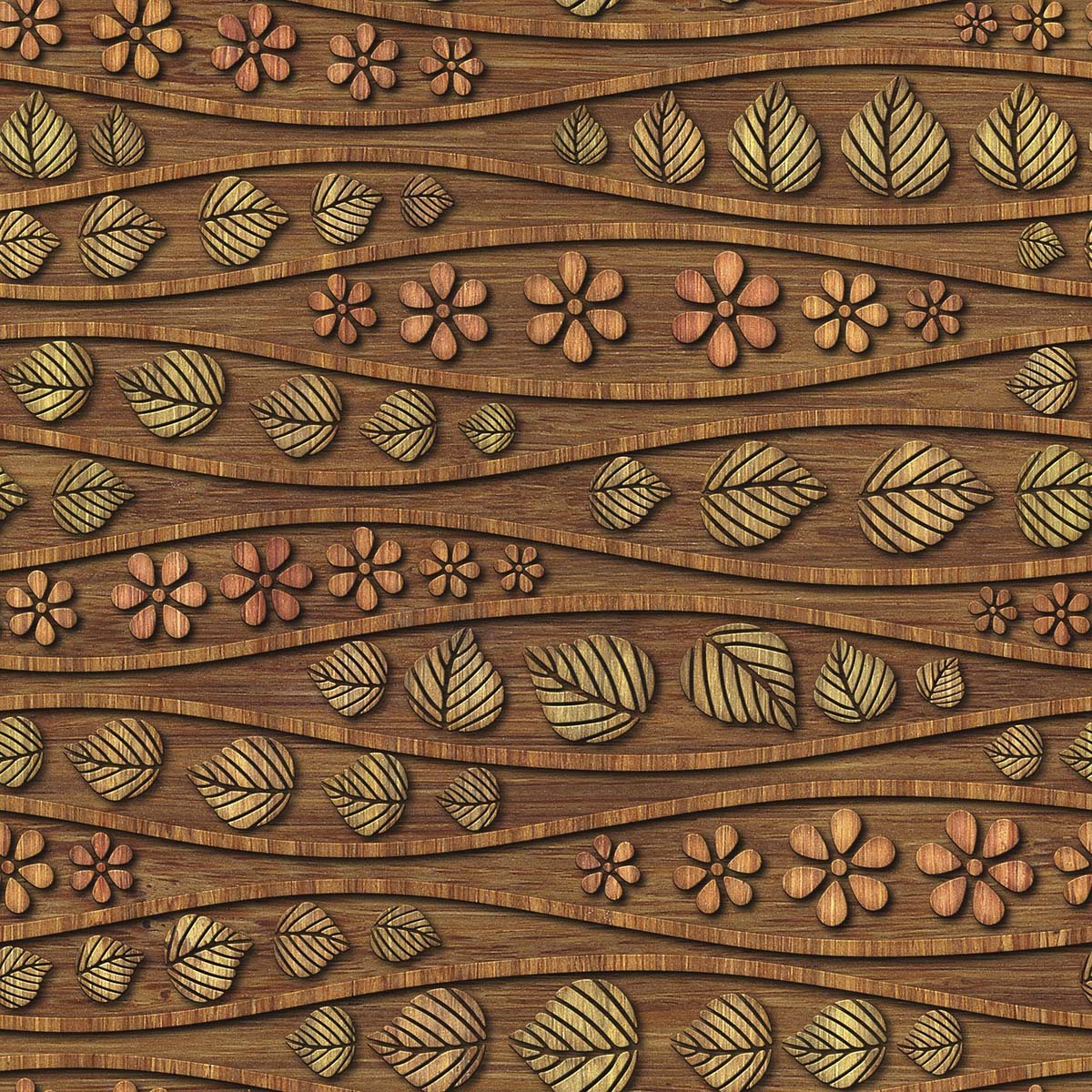 A pattern of leaves and flowers on a wood surface