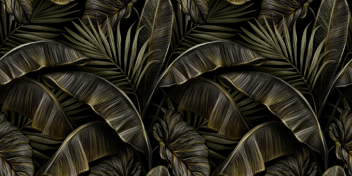 A black and gold tropical leaves