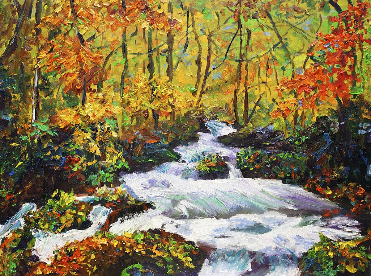 A painting of a river in a forest