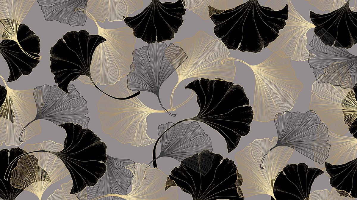 A pattern of black and gold leaves