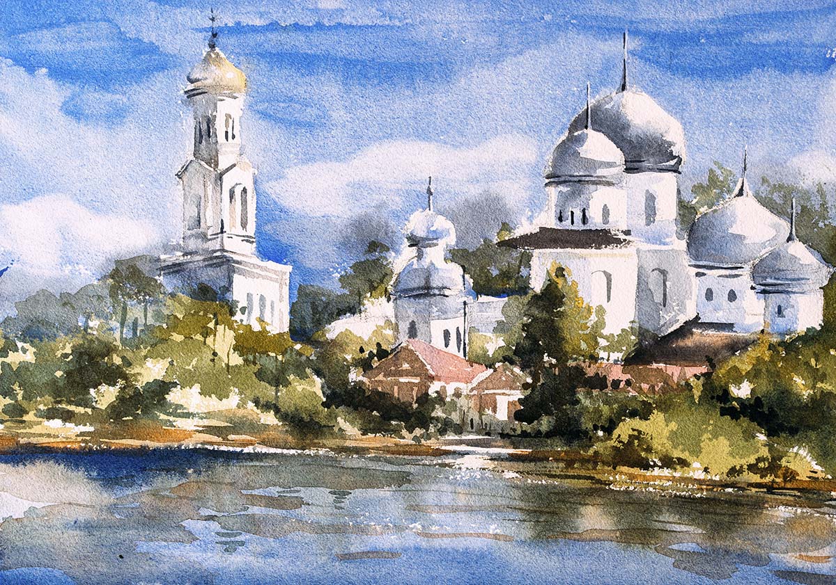 Watercolor of a building with domes and trees by a body of water