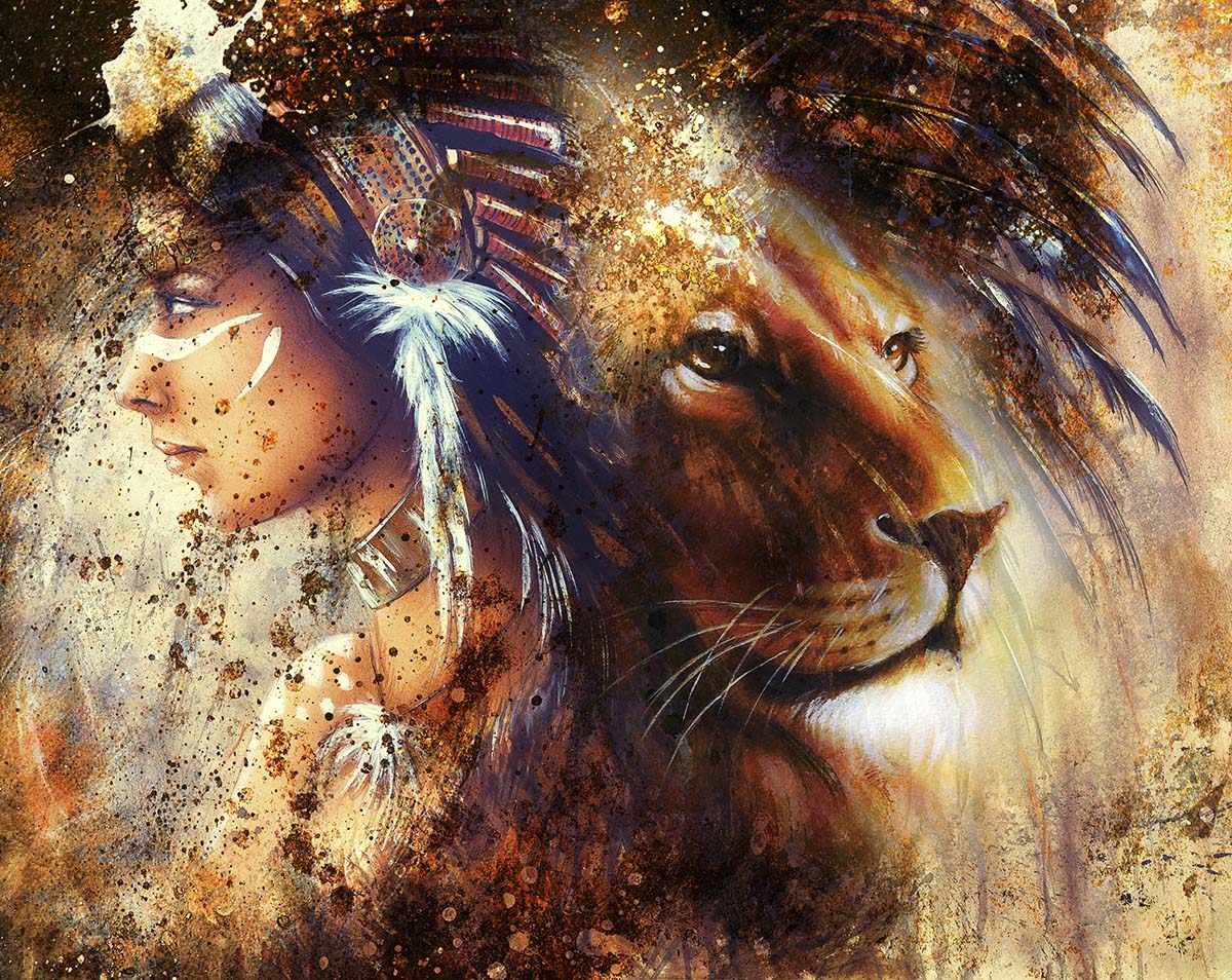 A painting of a woman and a lion