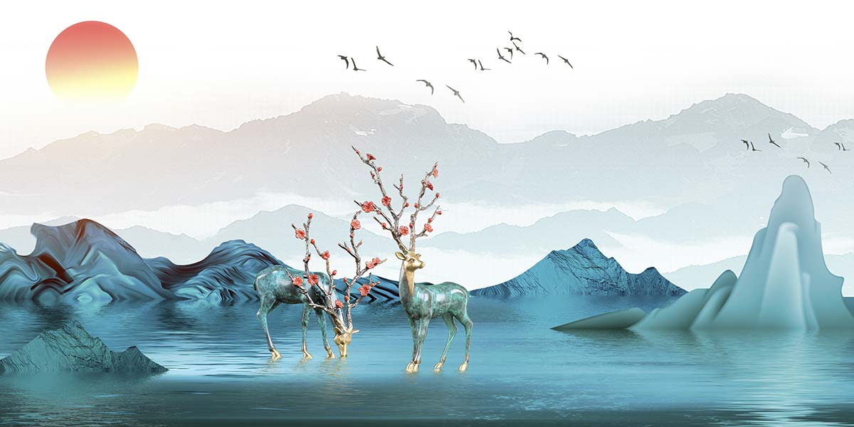 A group of deer in water with mountains and birds flying