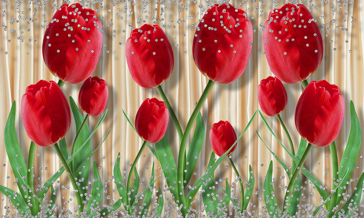 A group of red tulips with green stems and small crystals