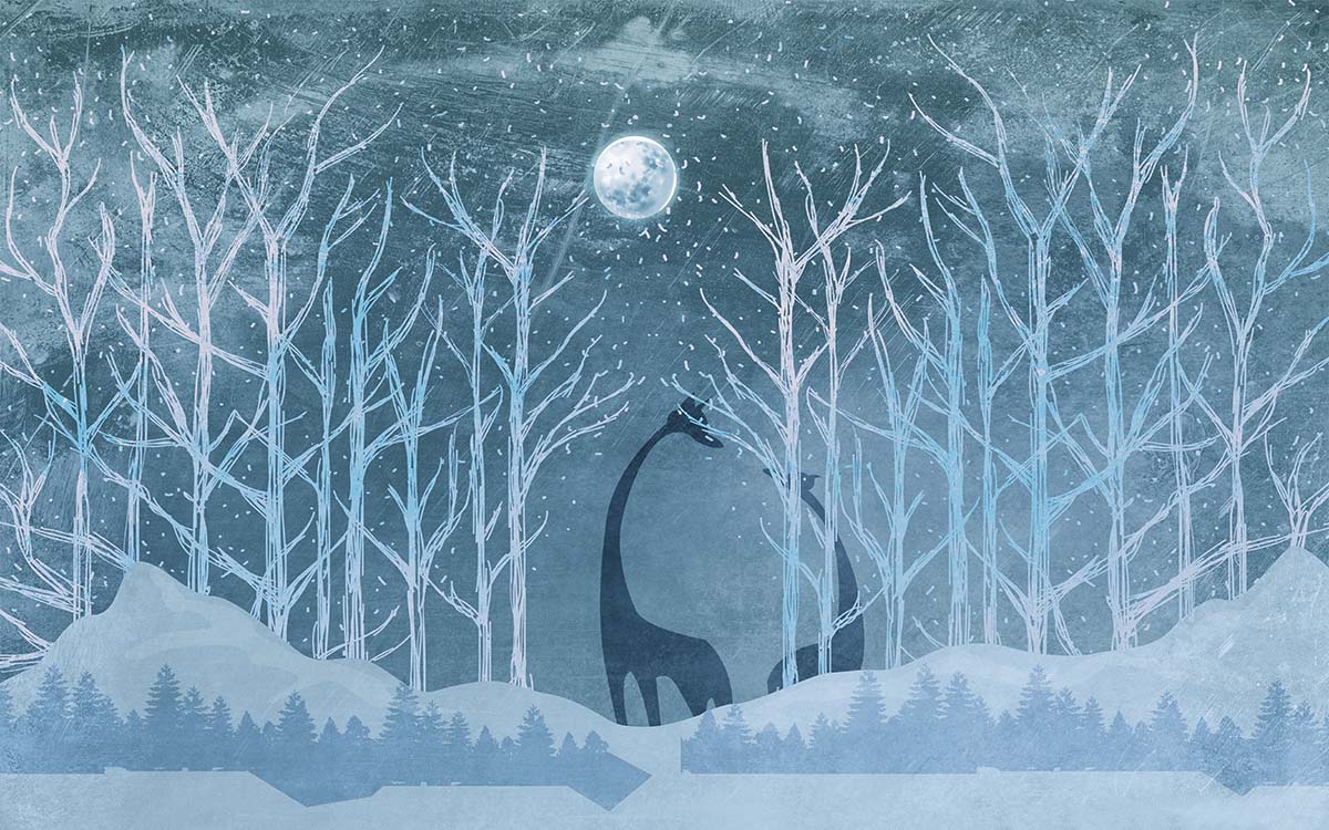Giraffes in a snowy forest with a moon in the sky