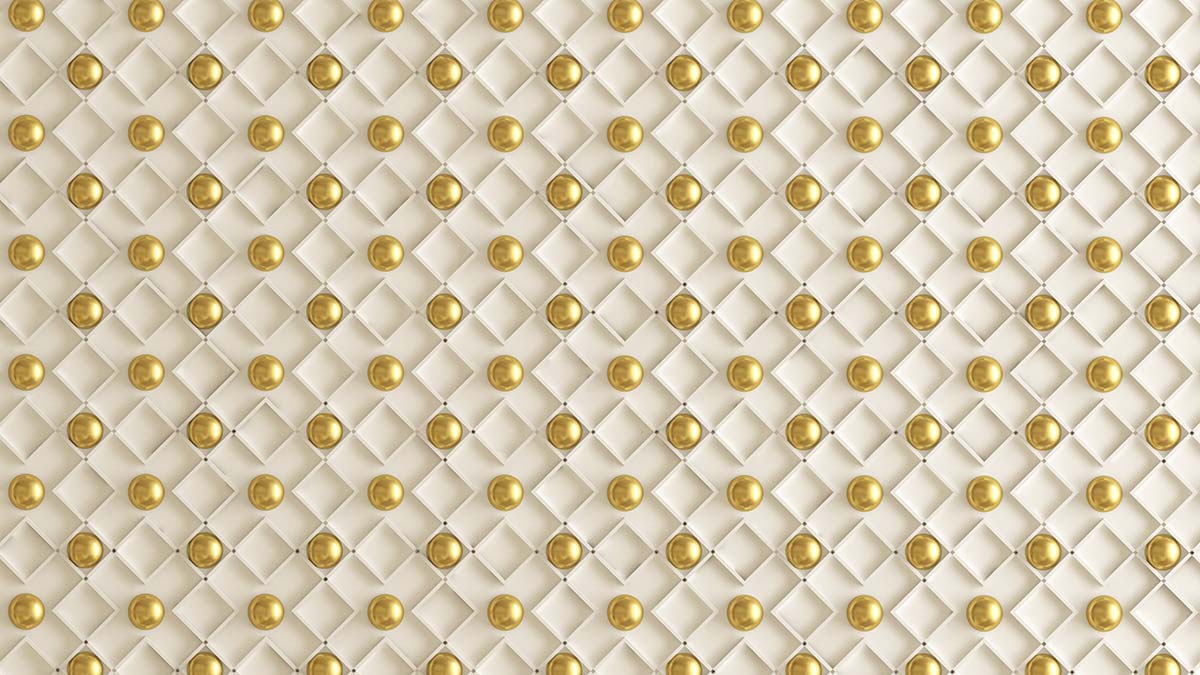 A white and gold background with gold balls