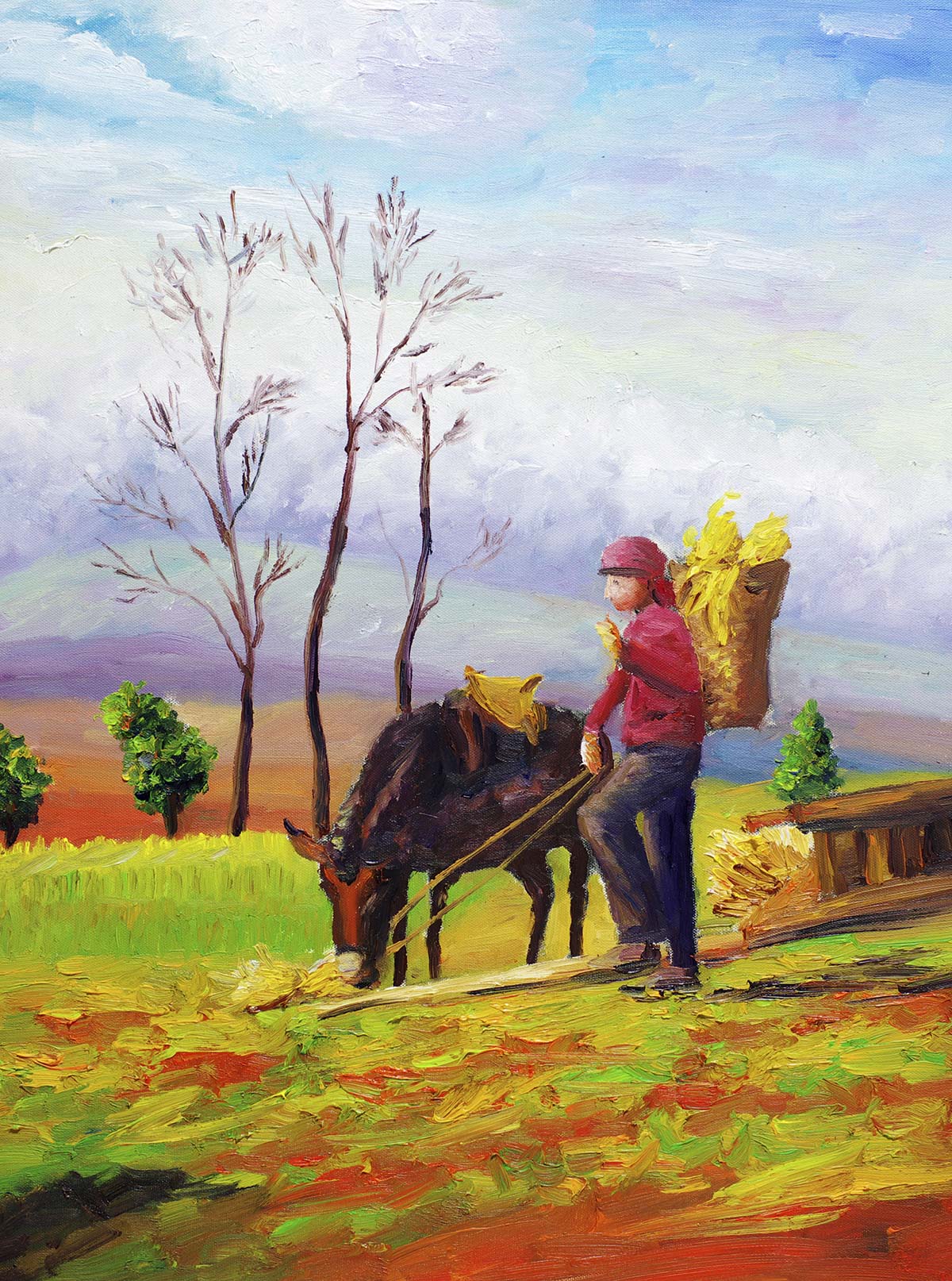 A painting of a man with a donkey and a hay bale