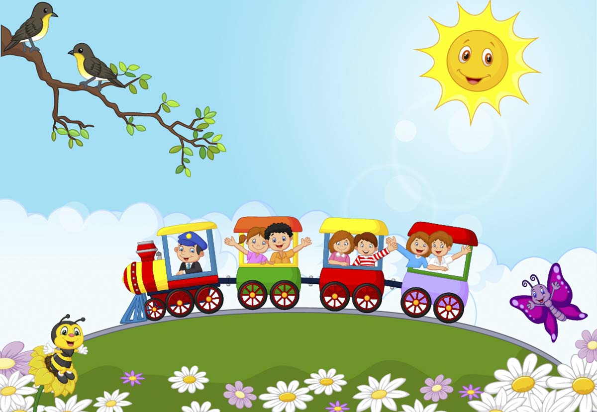 Cartoon of kids riding a train
