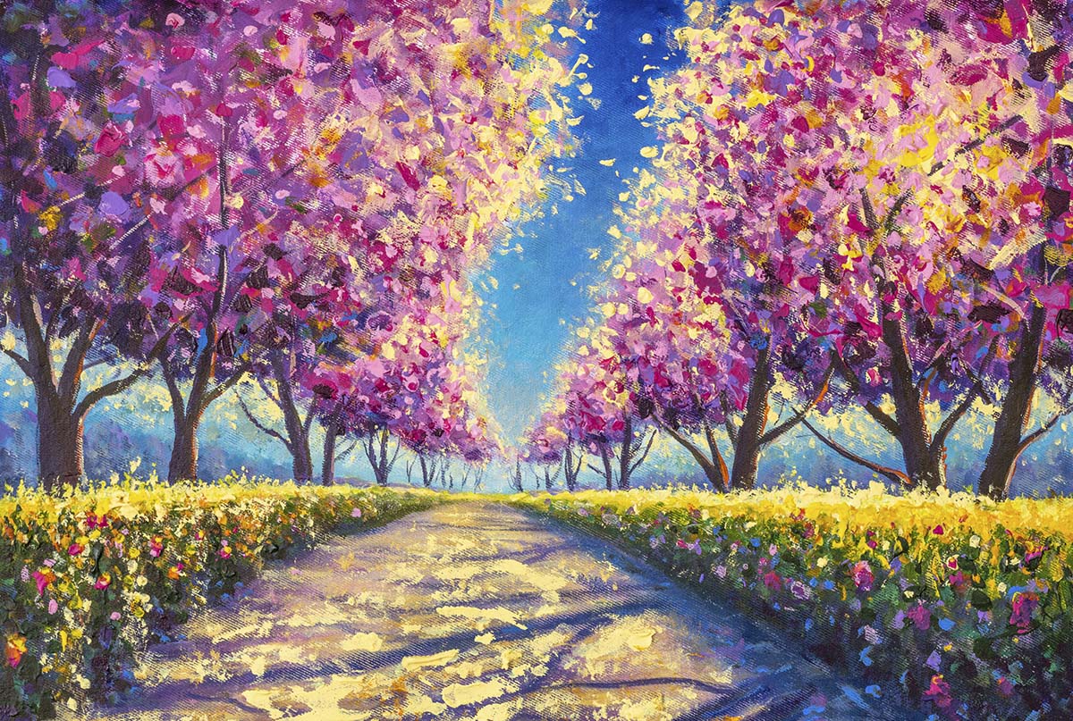 A painting of a path with pink trees and flowers