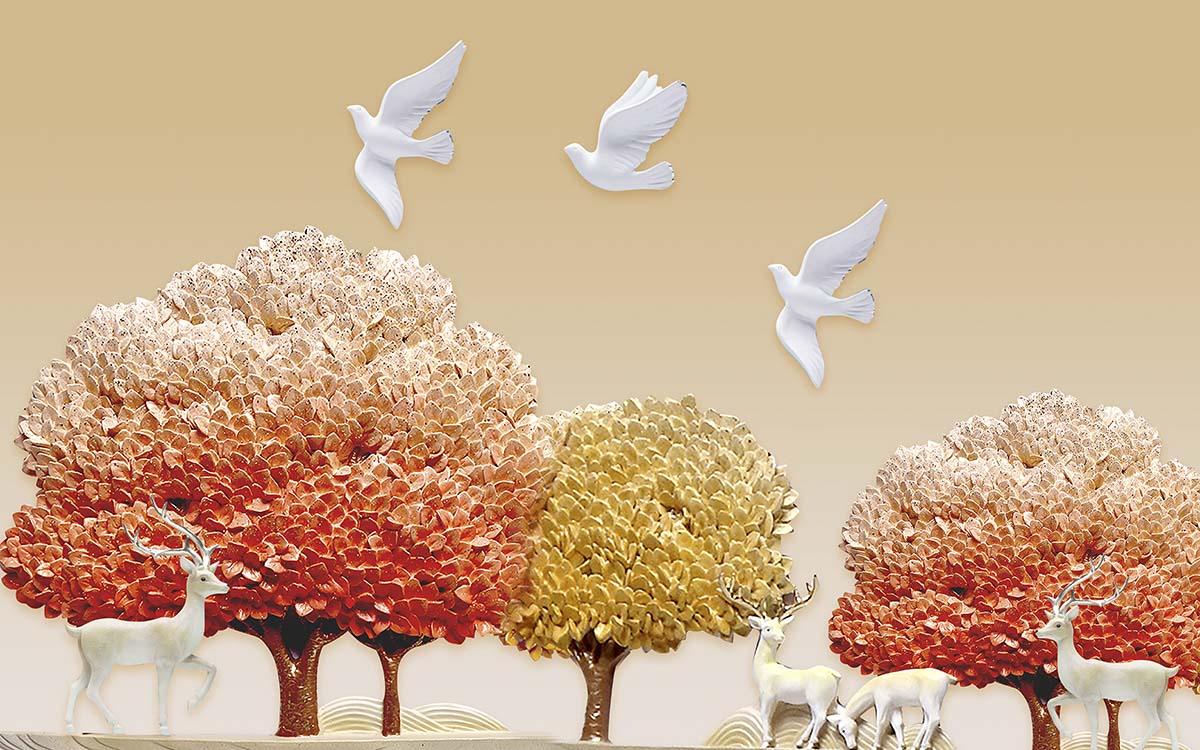 A group of trees with white birds flying in the air