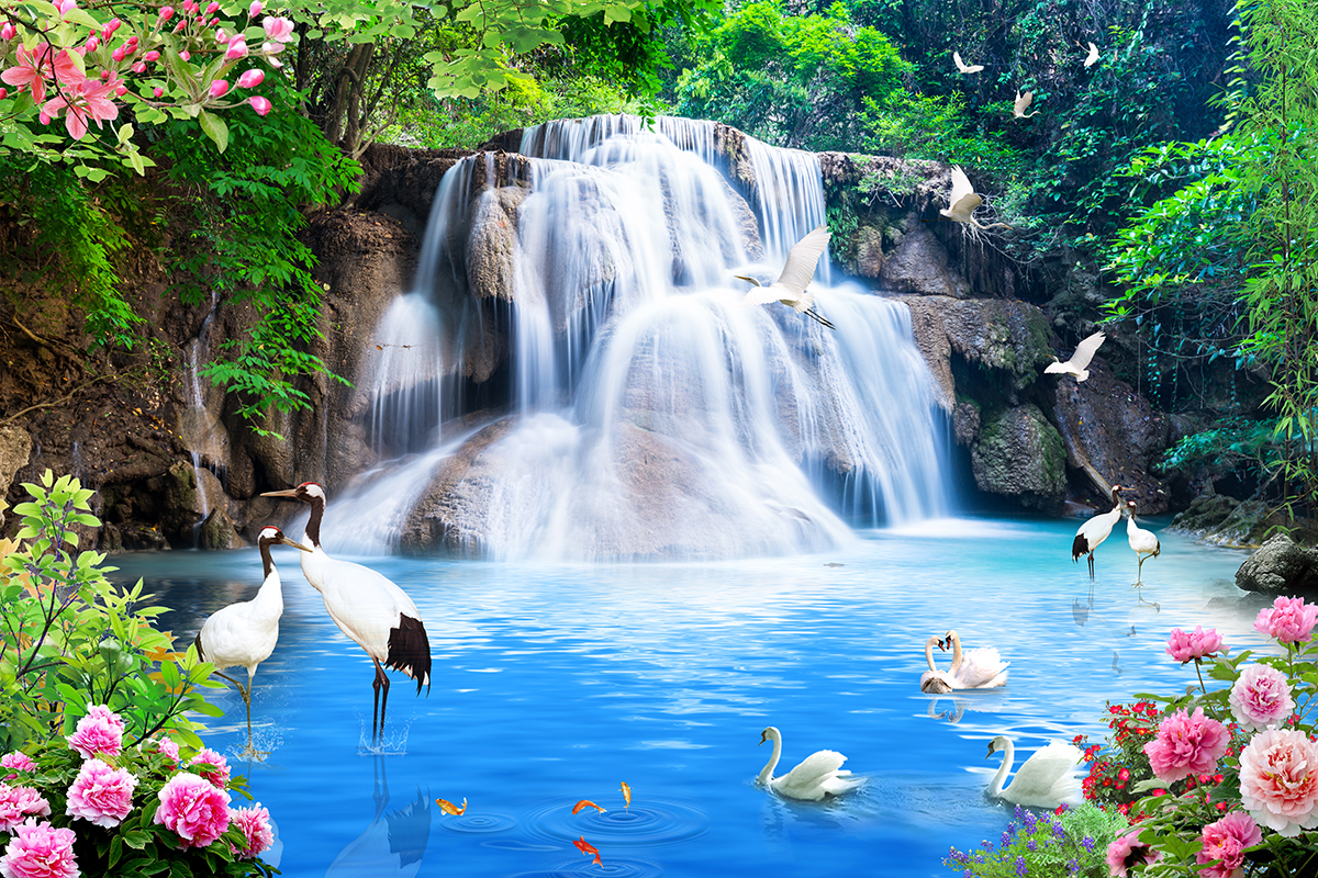 A group of birds in a pond with a waterfall