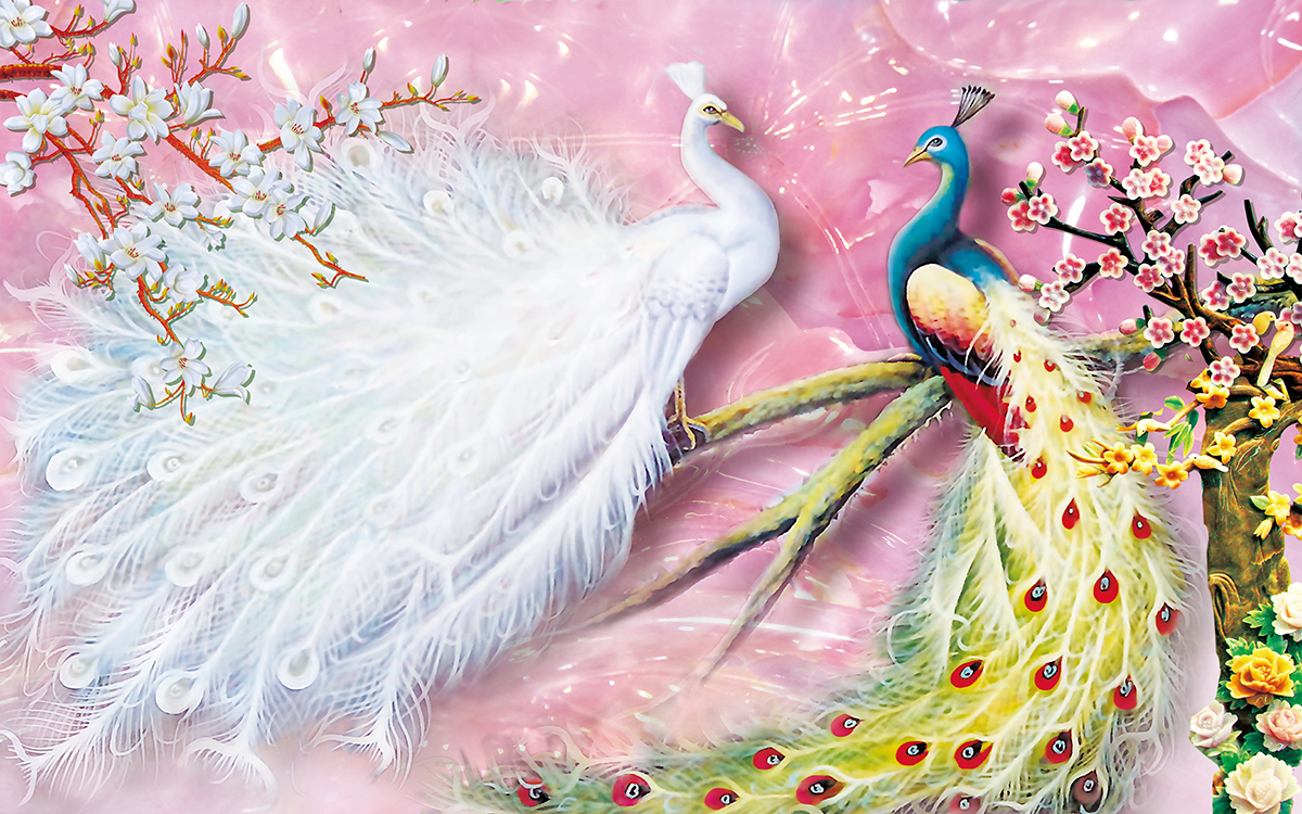 A painting of a couple of peacocks