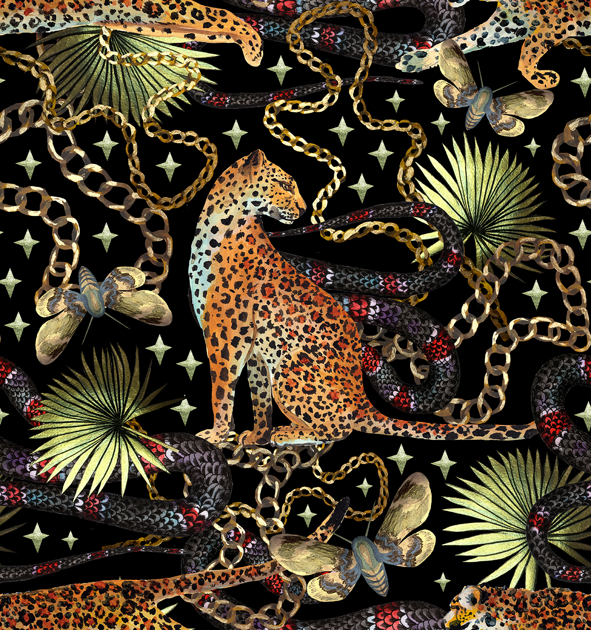 A pattern of snakes and a leopard