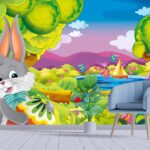 Rabbit Waving Cartoon Wallpaper for Childrens Room