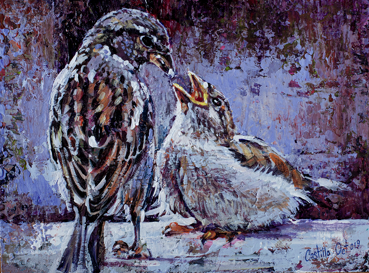 A painting of birds with its beak open