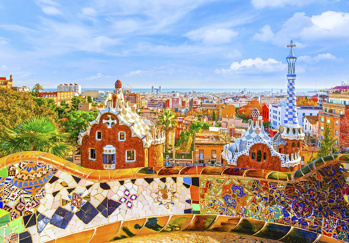 A colorful tiled rooftops of a city