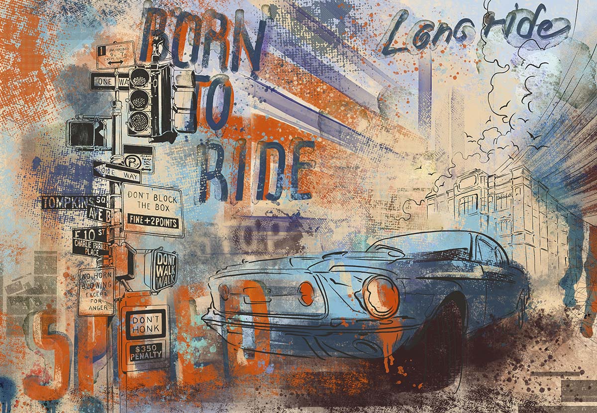 A painting of a car and street signs
