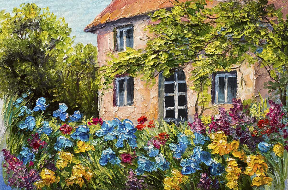 A painting of a house with flowers