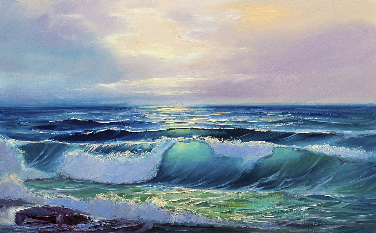 A painting of waves crashing on a beach