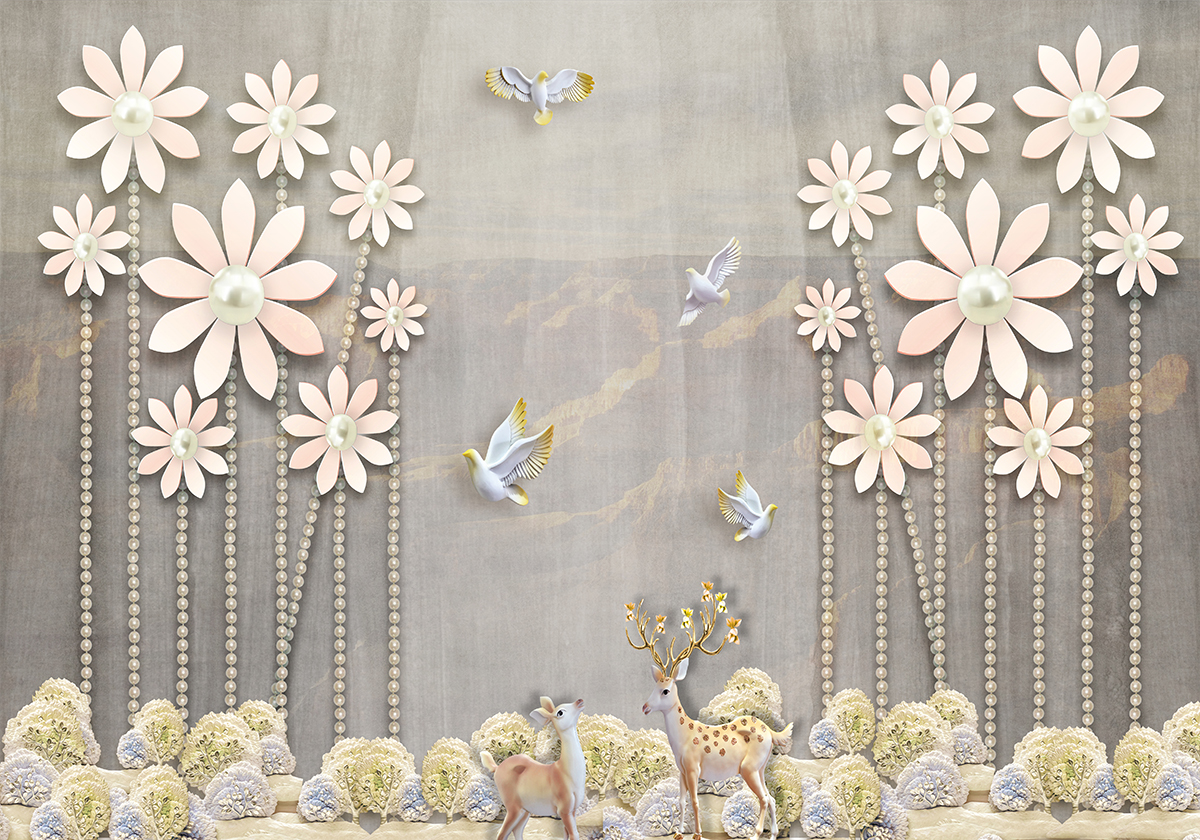 A wallpaper with flowers and birds