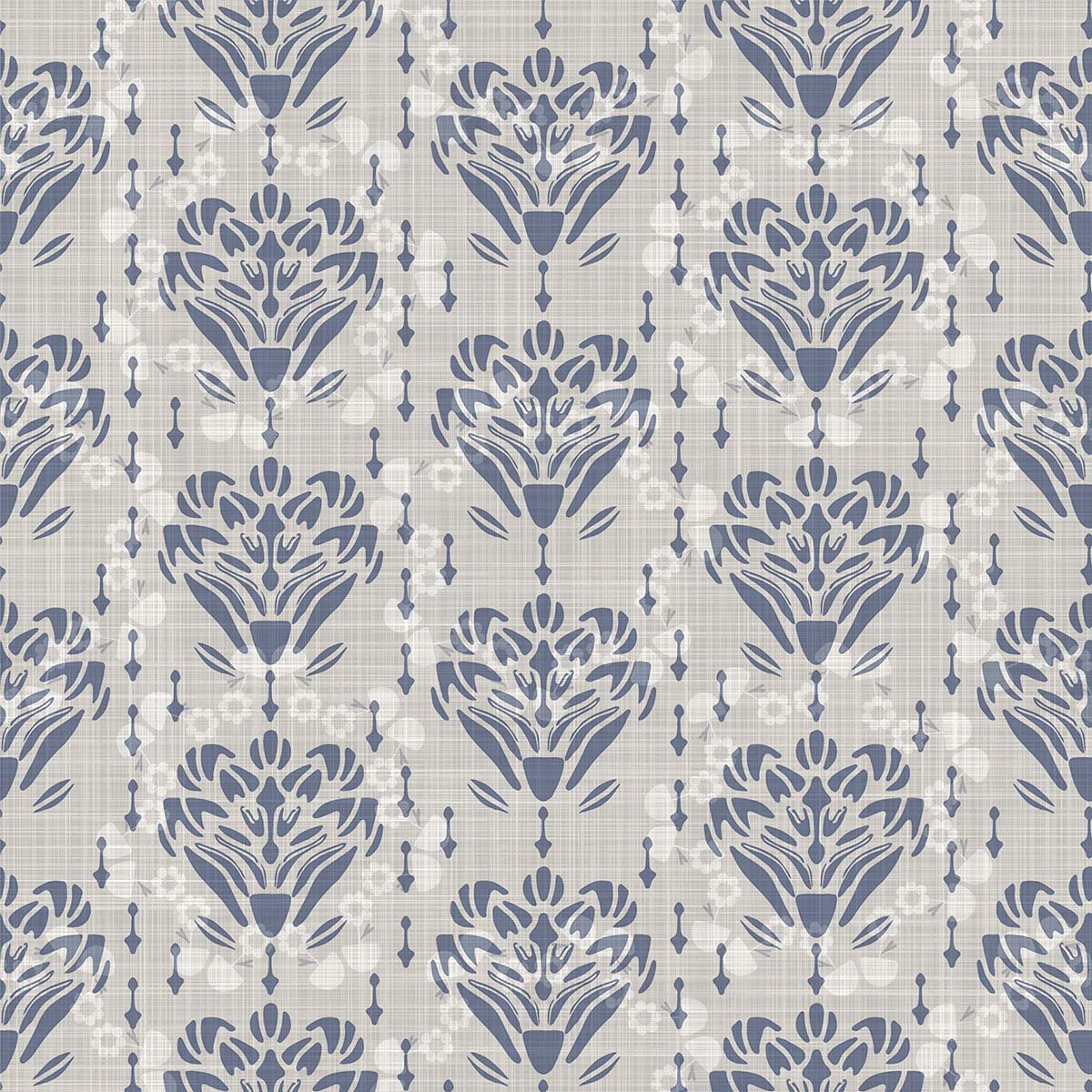 A blue and white floral pattern on a linen fabric