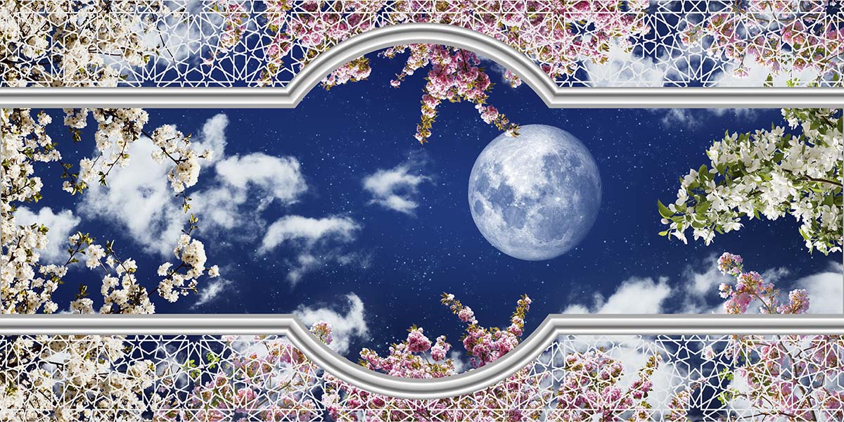 A moon and cherry blossoms in a window