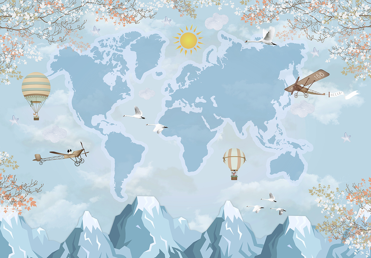 A map of the world with birds and mountains