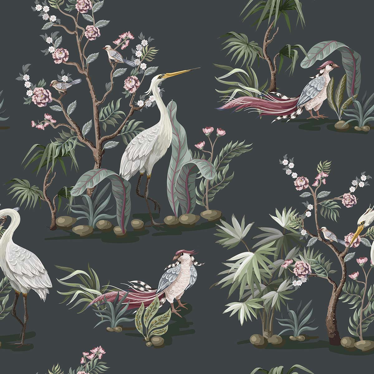 A wallpaper with birds and plants