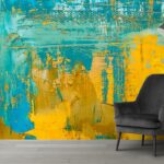 A painting of blue and yellow paint