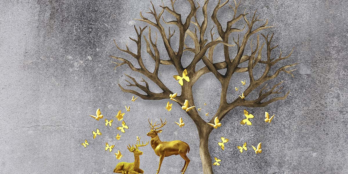 A tree with butterflies and deer