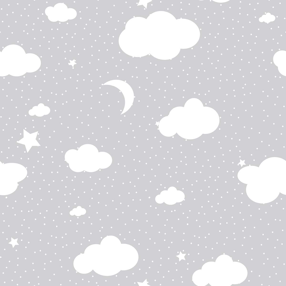 A grey and white background with clouds and stars