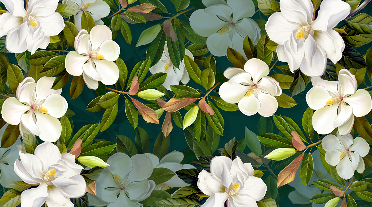 A pattern of white flowers and green leaves