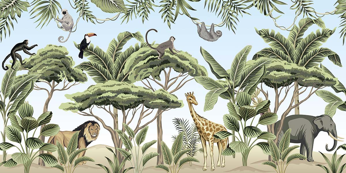 A wallpaper with animals and trees