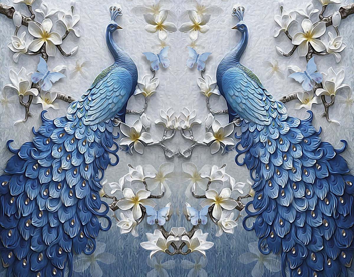 A blue peacocks and white flowers