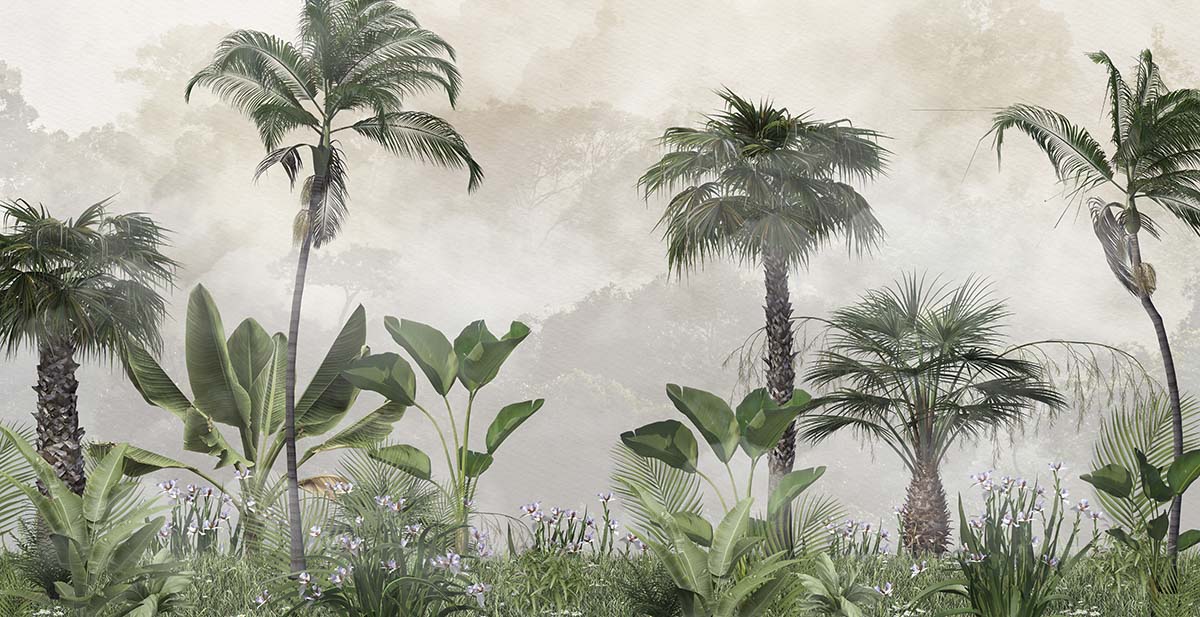A group of palm trees and plants