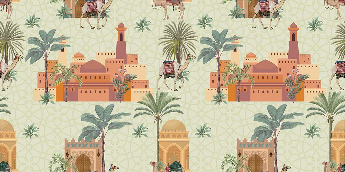 A pattern of camels and palm trees