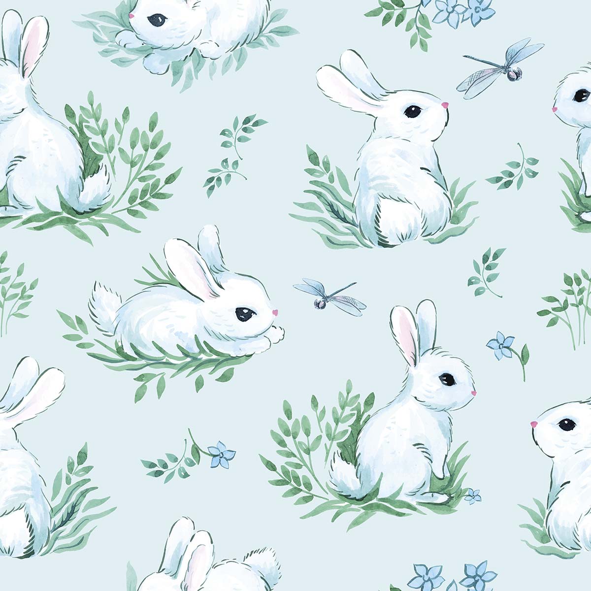 A pattern of white bunnies and flowers