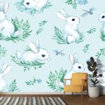 A pattern of white bunnies and flowers
